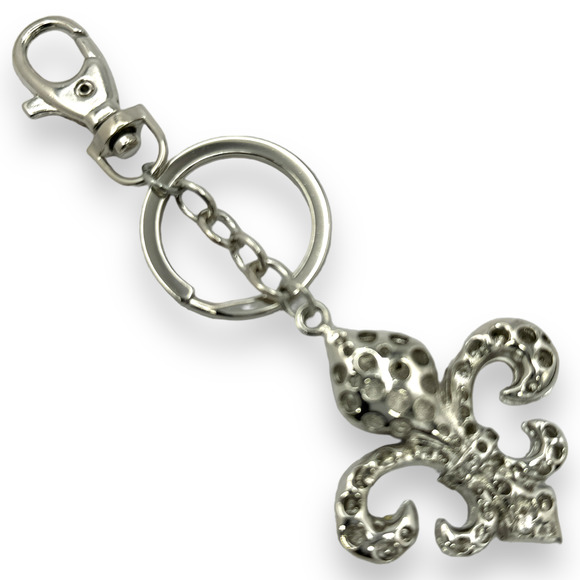 Fleur de Lis Keychain Orange & Black Rhinestones, Split Key Ring & Clip Gift Bag - Picture 3 of 4